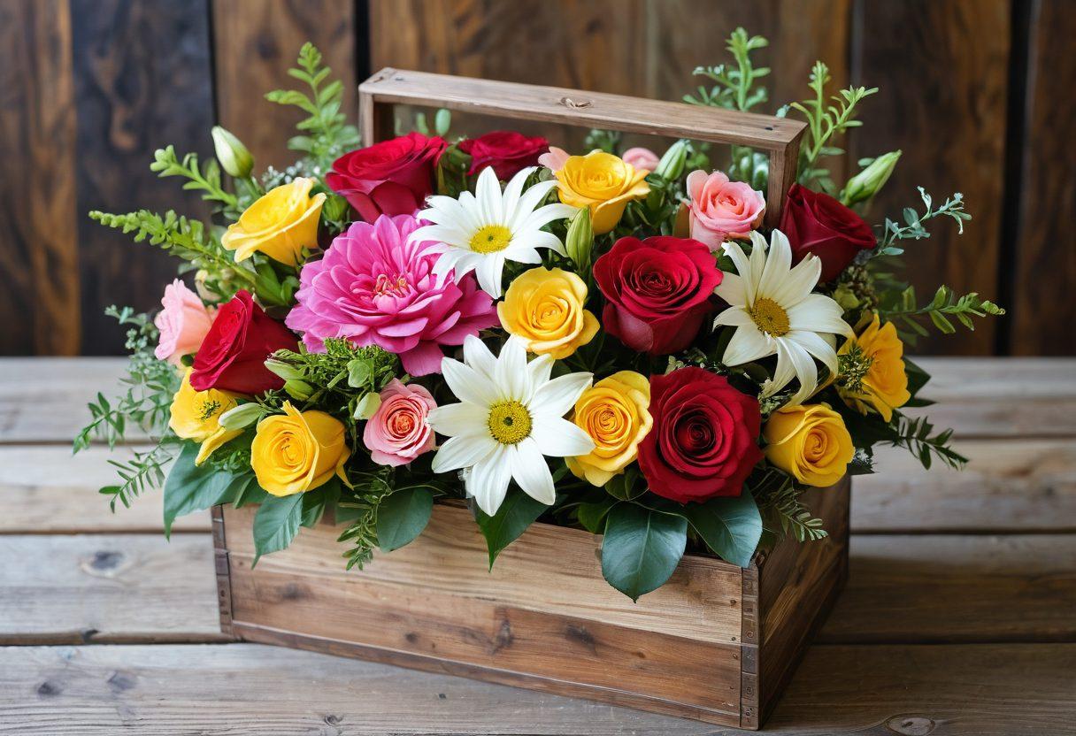 An elegant arrangement of various seasonal flowers, including roses, lilies, and daisies, displayed artistically in a rustic wooden box. Soft natural light bathes the scene, highlighting the vibrant colors and delicate textures of the petals. A backdrop of a blurred garden filled with blooming plants enhances the cheerful atmosphere. Add scattered flower petals and a small gift box in the foreground to evoke the theme of gifting. super-realistic. vibrant colors. natural setting.
