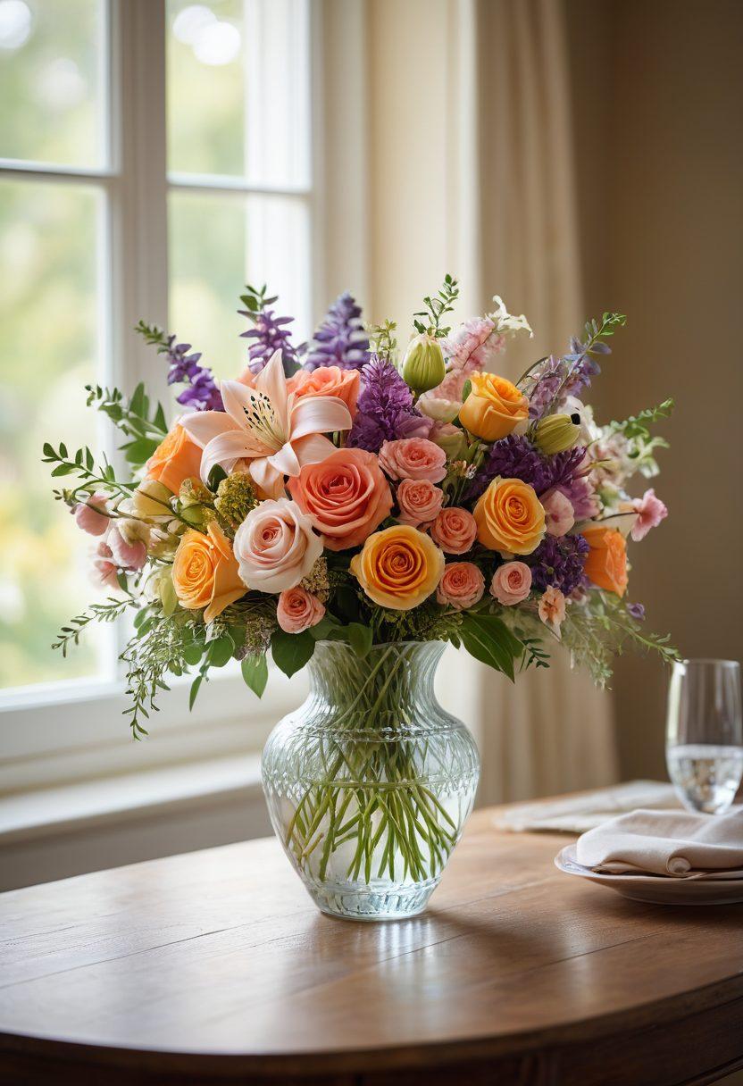 A beautifully arranged bouquet featuring a diverse selection of seasonal flowers, each representing different milestones such as weddings, birthdays, and anniversaries. The background should depict a soft, elegant table setting with subtle light reflecting off a delicate vase. Include a pastel color palette to evoke a sense of joy and celebration. super-realistic. vibrant colors. soft focus.