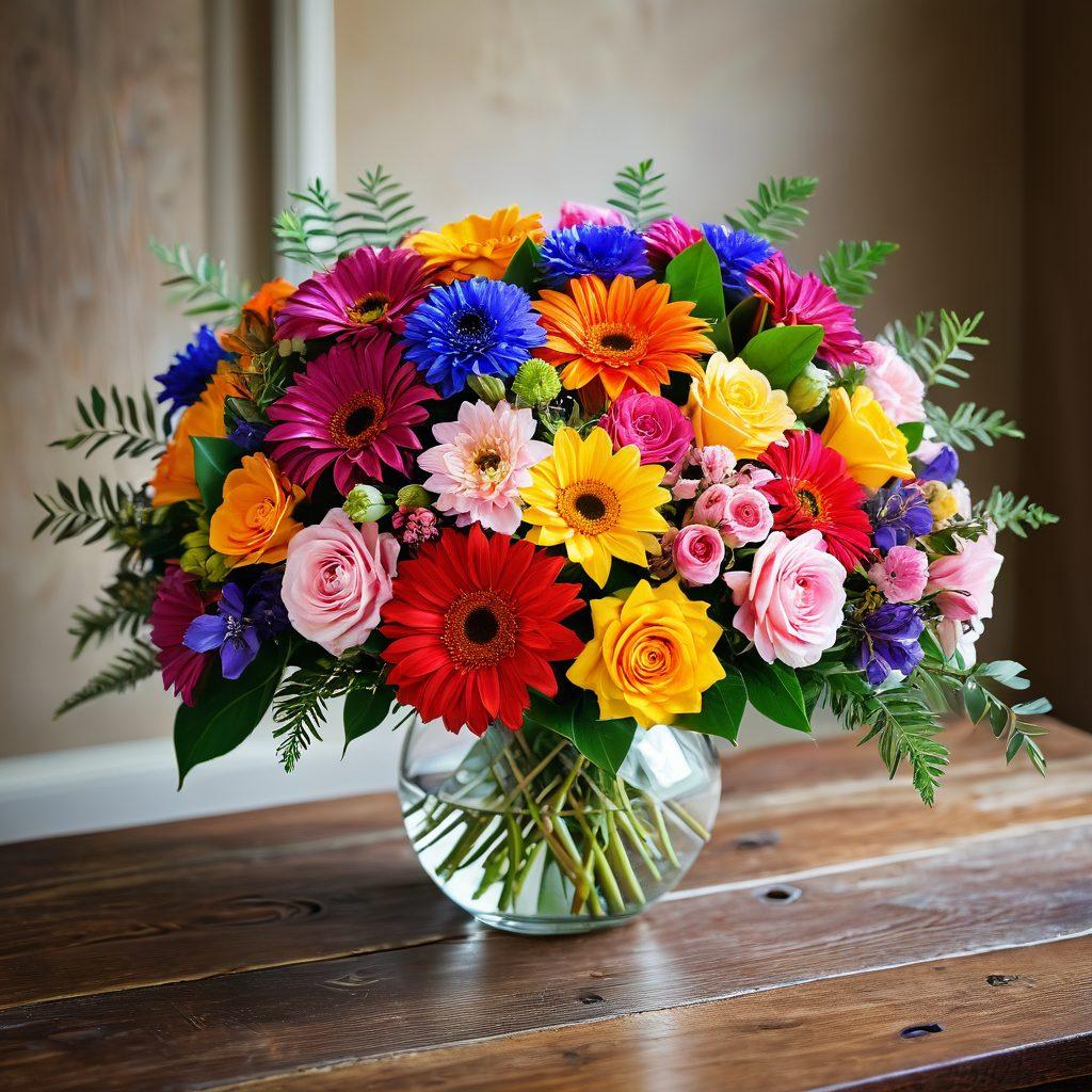A beautifully arranged floral bouquet showcasing a vibrant mix of seasonal flowers, delicately placed on an elegant wooden table. In the background, soft, warm lighting enhances the romantic atmosphere, while a few unwrapped gifts can be seen hinting at various occasions like weddings, anniversaries, and birthdays. The overall scene exudes love and warmth, perfect for the theme of gift-giving. super-realistic. vibrant colors. soft focus.